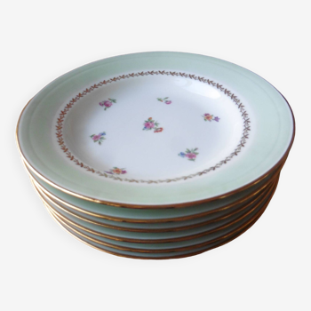 6 flat plates in PL Limoges porcelain 24 cm flower decoration with gold edging