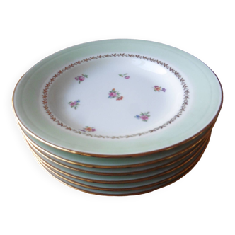 6 assiettes plates en porcelaine PL Limoges 24 cm décor de fleurs liseré or