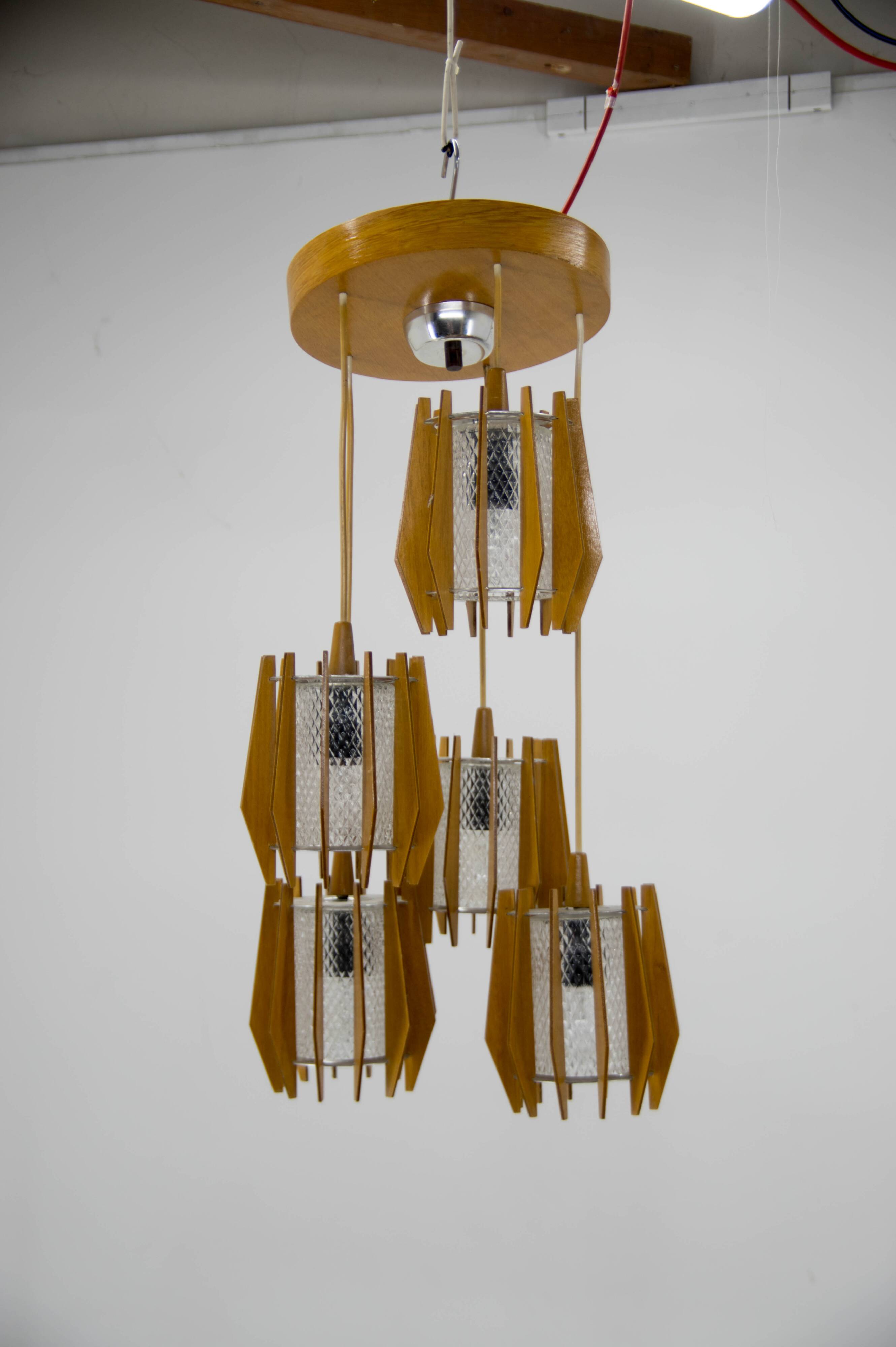 1970s Czechoslovakian Chandelier & Wall Lamp by Dřevo Humpolec