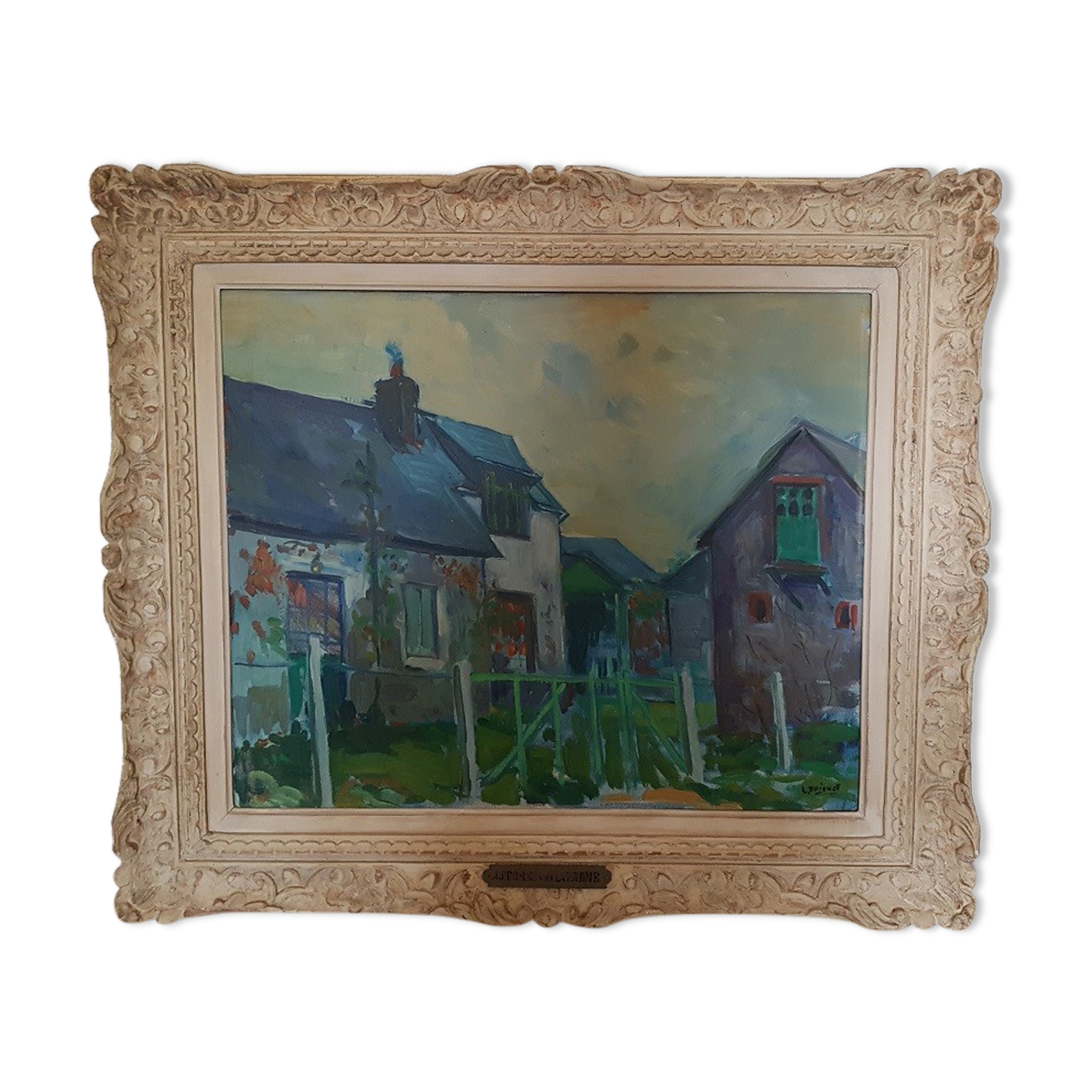 Old oil on canvas painting framed houses