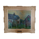 Old oil on canvas painting framed houses