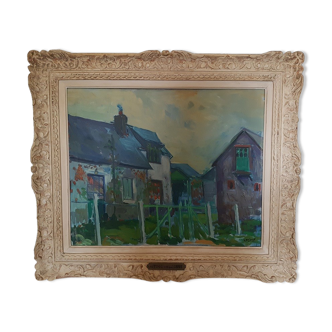 Tableau ancien huile sur toile encadrée maisons