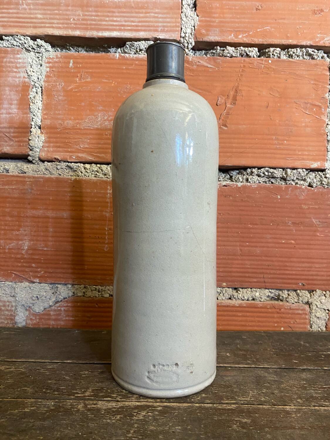 Vintage grey glazed stoneware bottle paul langeron with metal stopper