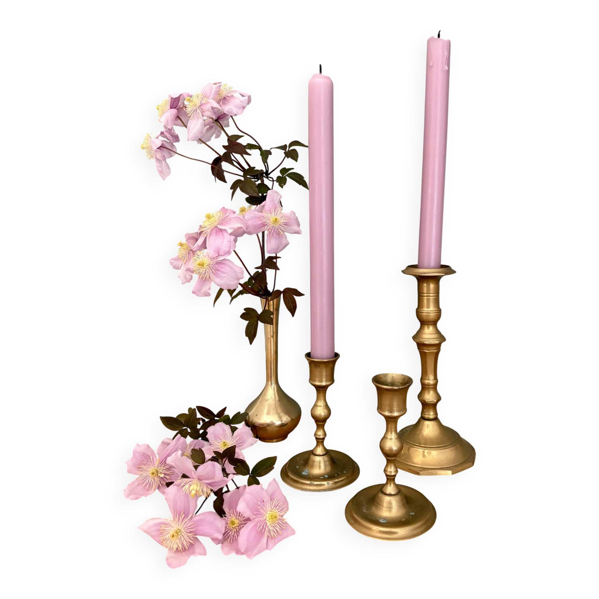 Set of 3 antique brass candle holders/candelabra.