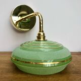 Applique abat-jour vintage en verre givré vert et doré