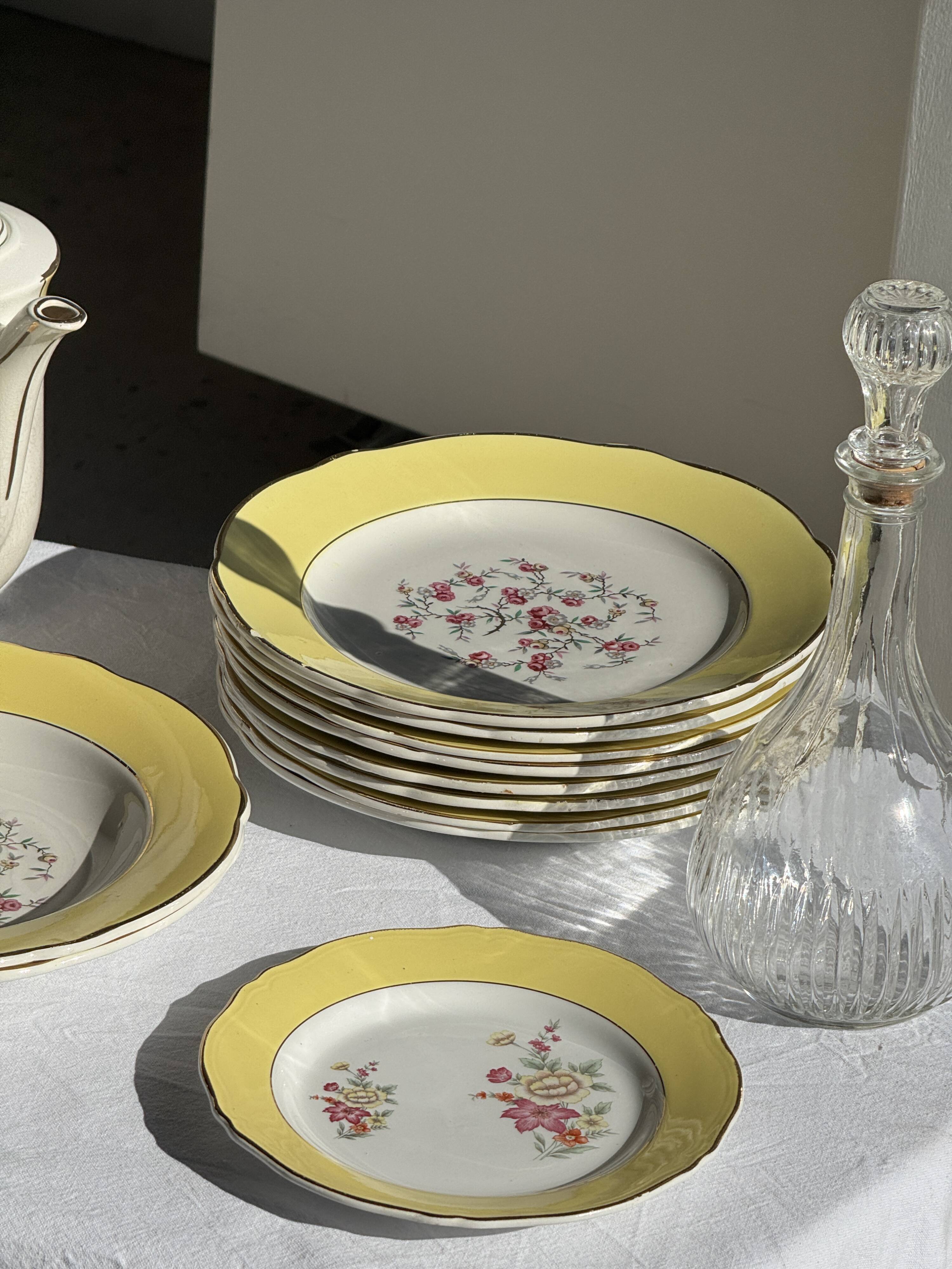 Lot de 19 grandes assiettes plates vintage jaunes fleurs roses liseré doré