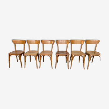 SERIES OF 6 CHAIRS BISTROT WOOD TURNED IN LIGHT WOOD ANNEES 1950 1960