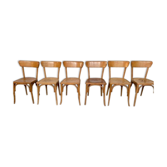 Serie de 6 chaises bistrot bois tourné en bois clair annees 1950 1960