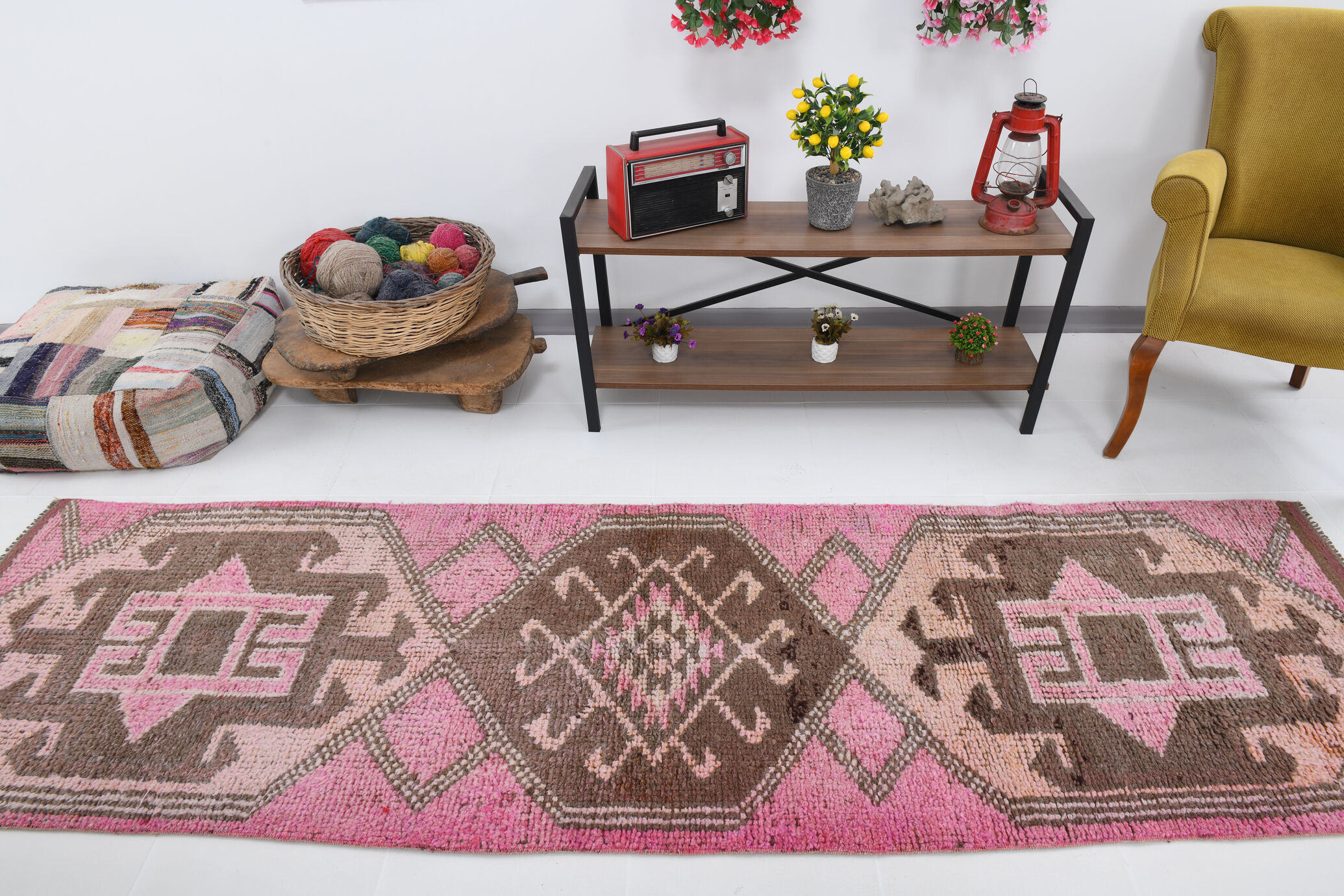 3x10 pink and brown herki runner rug, 307x88cm
