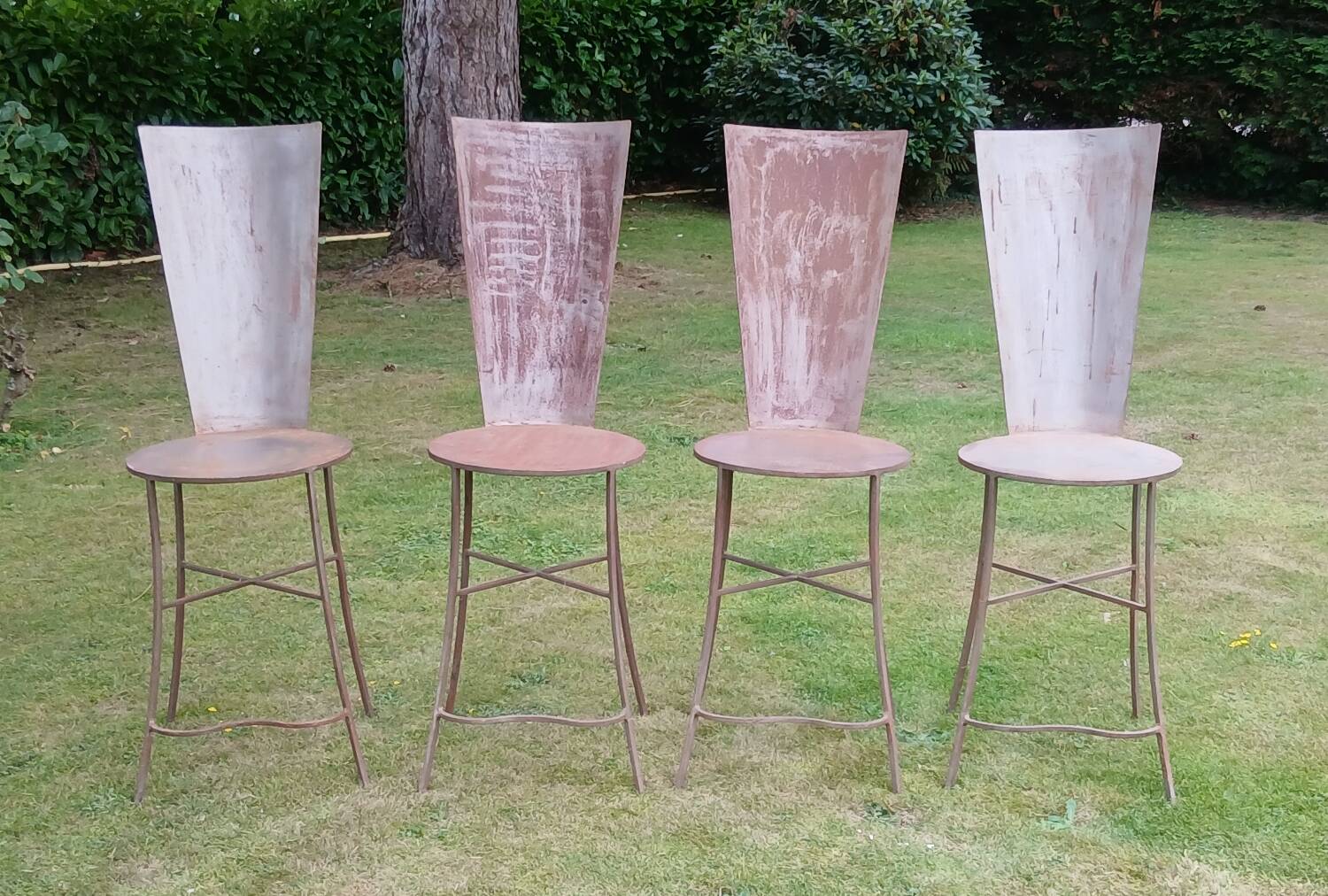 Set of 4 Sculptural Chairs "High Back" - Patinated Raw Metal - D