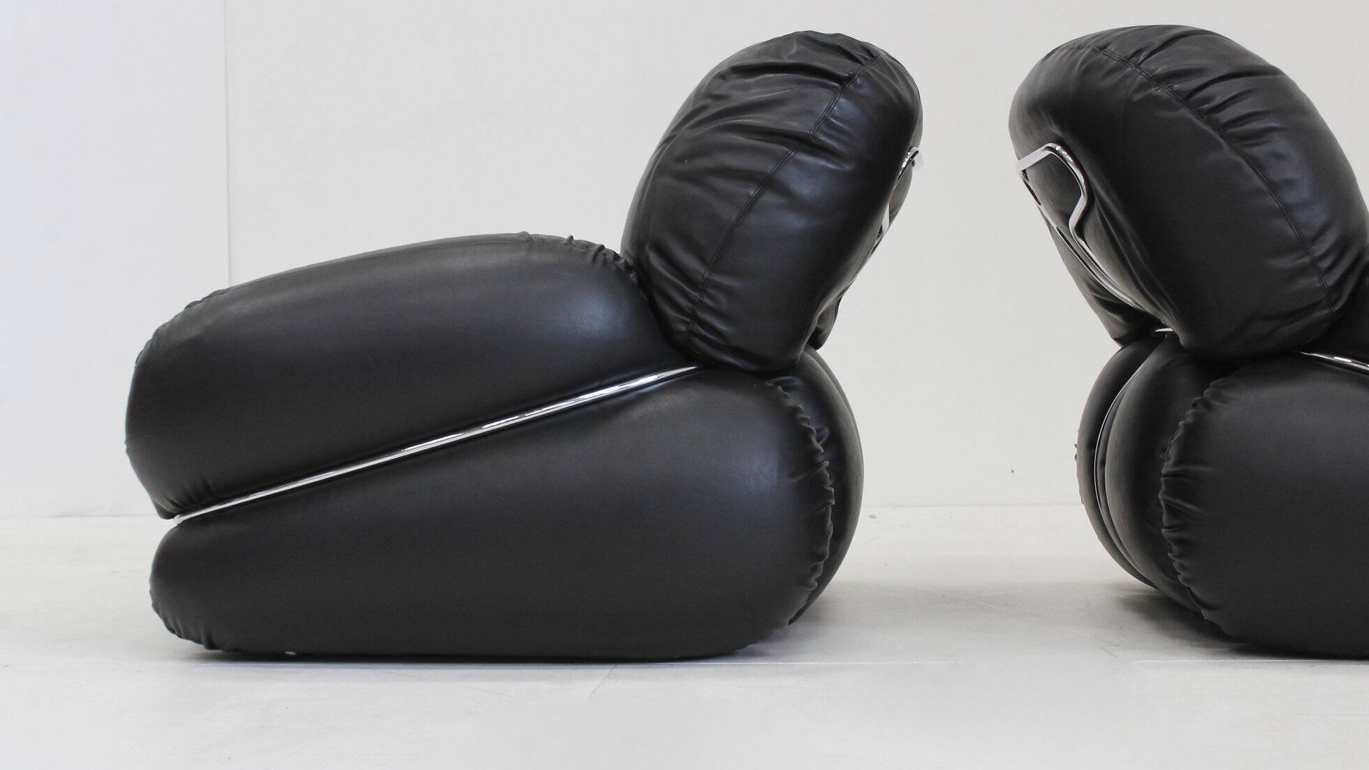 Vintage Okay armchairs by Adriano Piazzesi black leather 1970s, set of 2