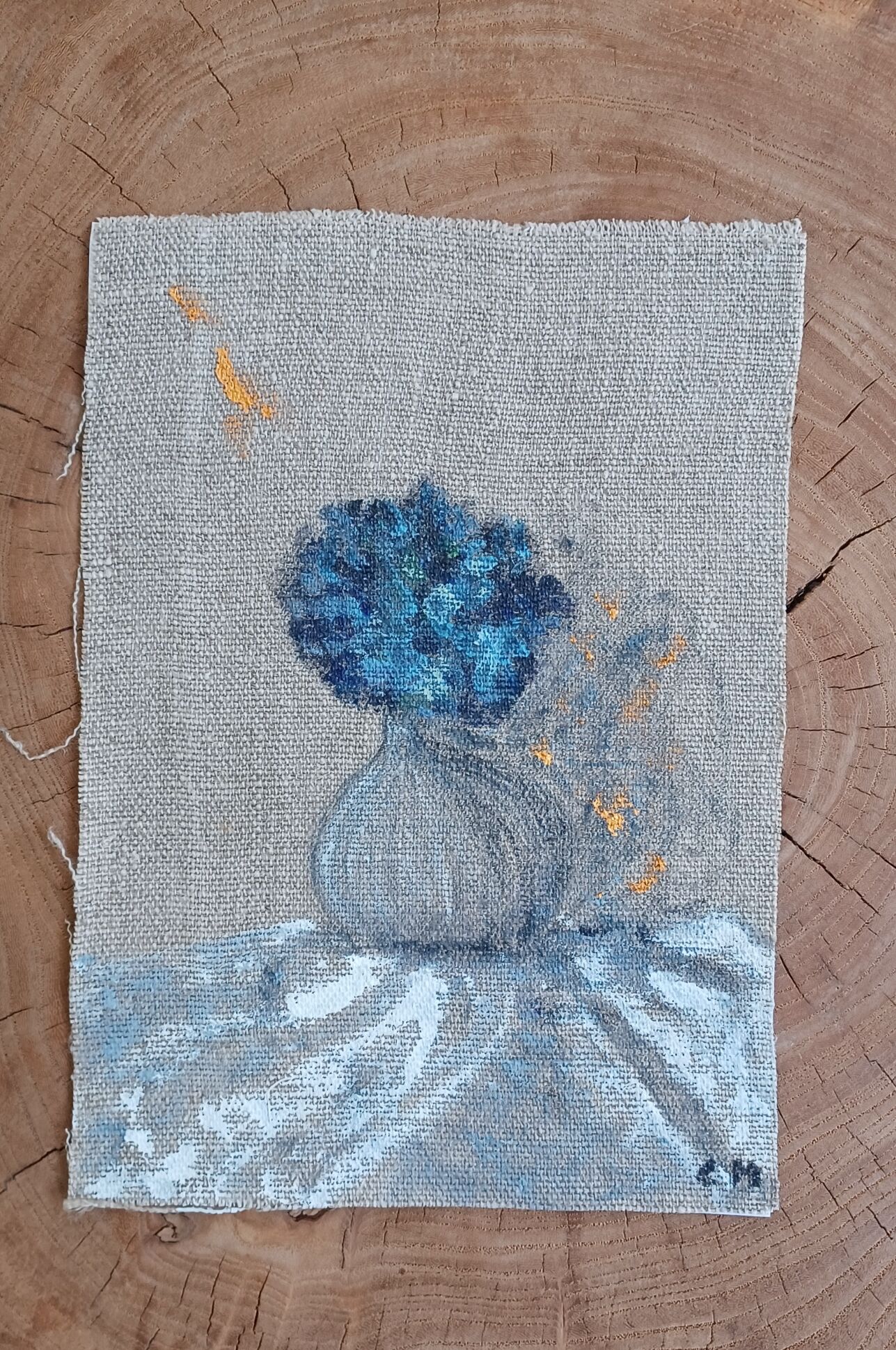Painting on linen, blue hydrangea.