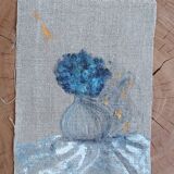 Painting on linen, blue hydrangea.