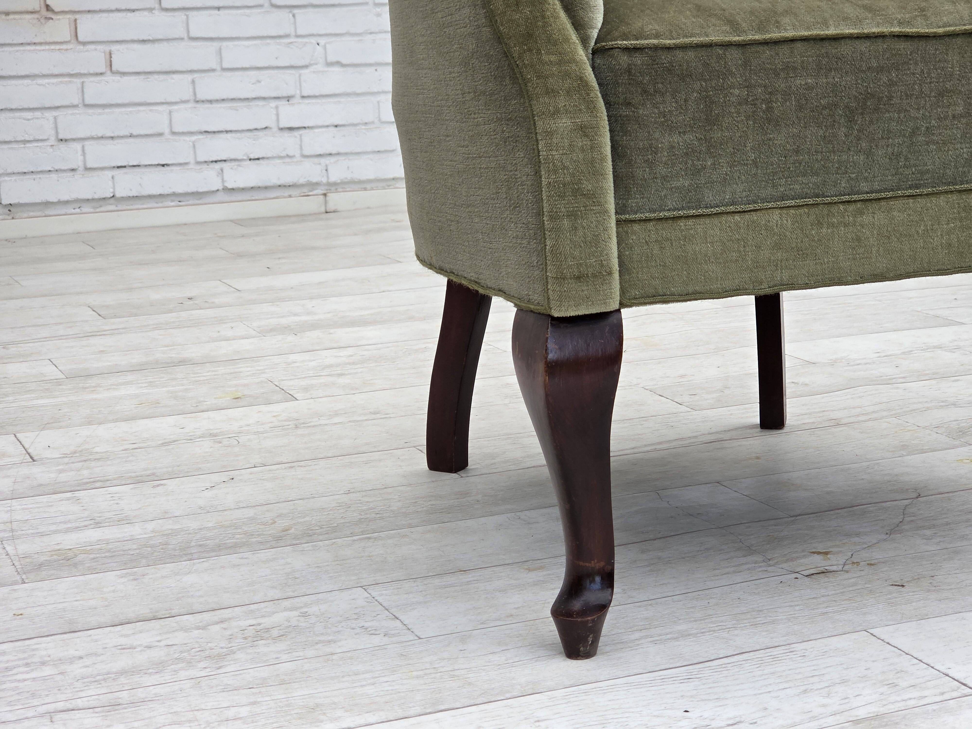 1960s, Danish armchair, green furniture velour, beech wood legs.