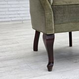 1960s, Danish armchair, green furniture velour, beech wood legs.