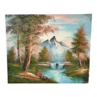 Tableau huile sur toile paysage automne, hiver vintage