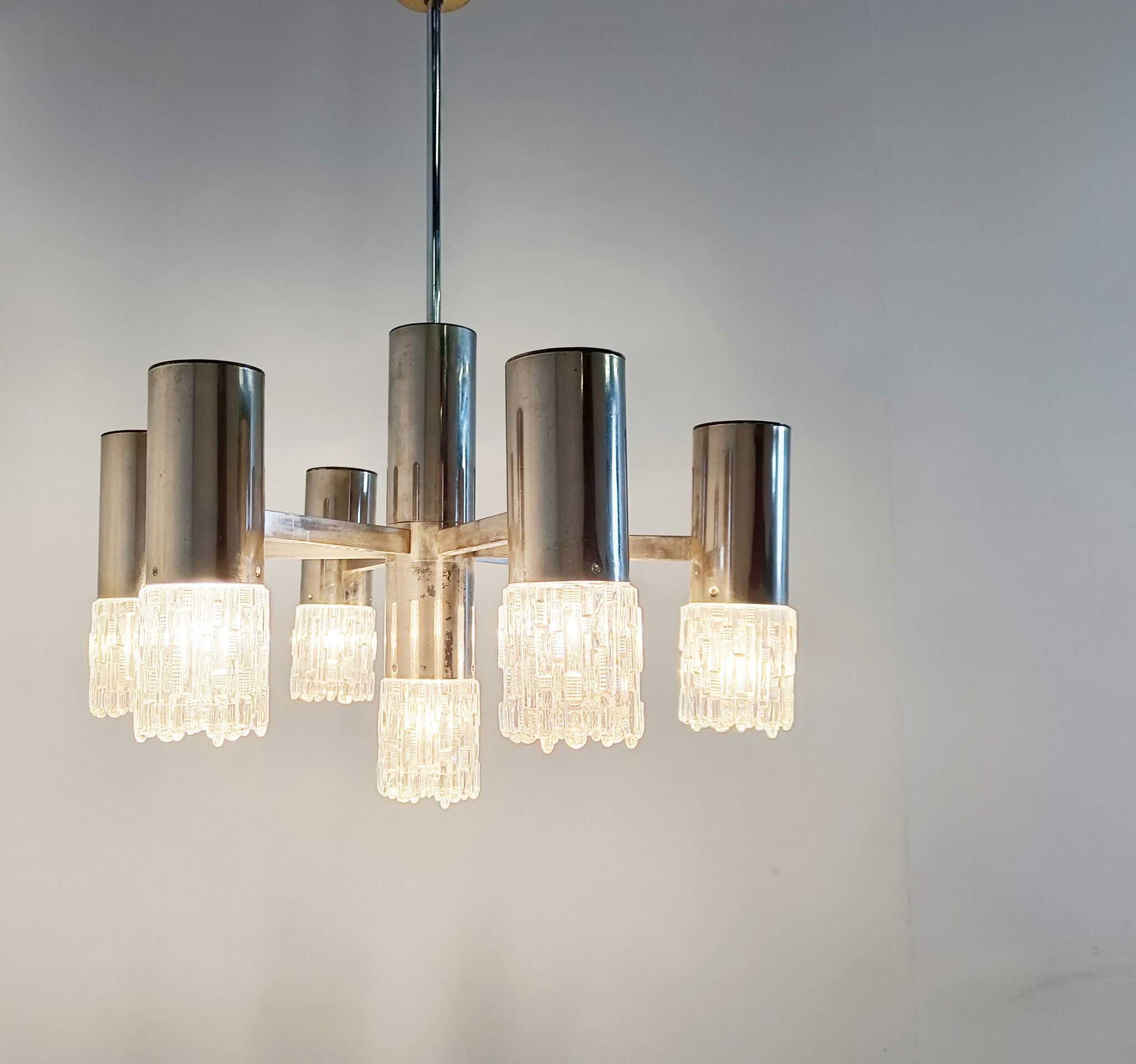 Lustre en chrome et verre, années 1970