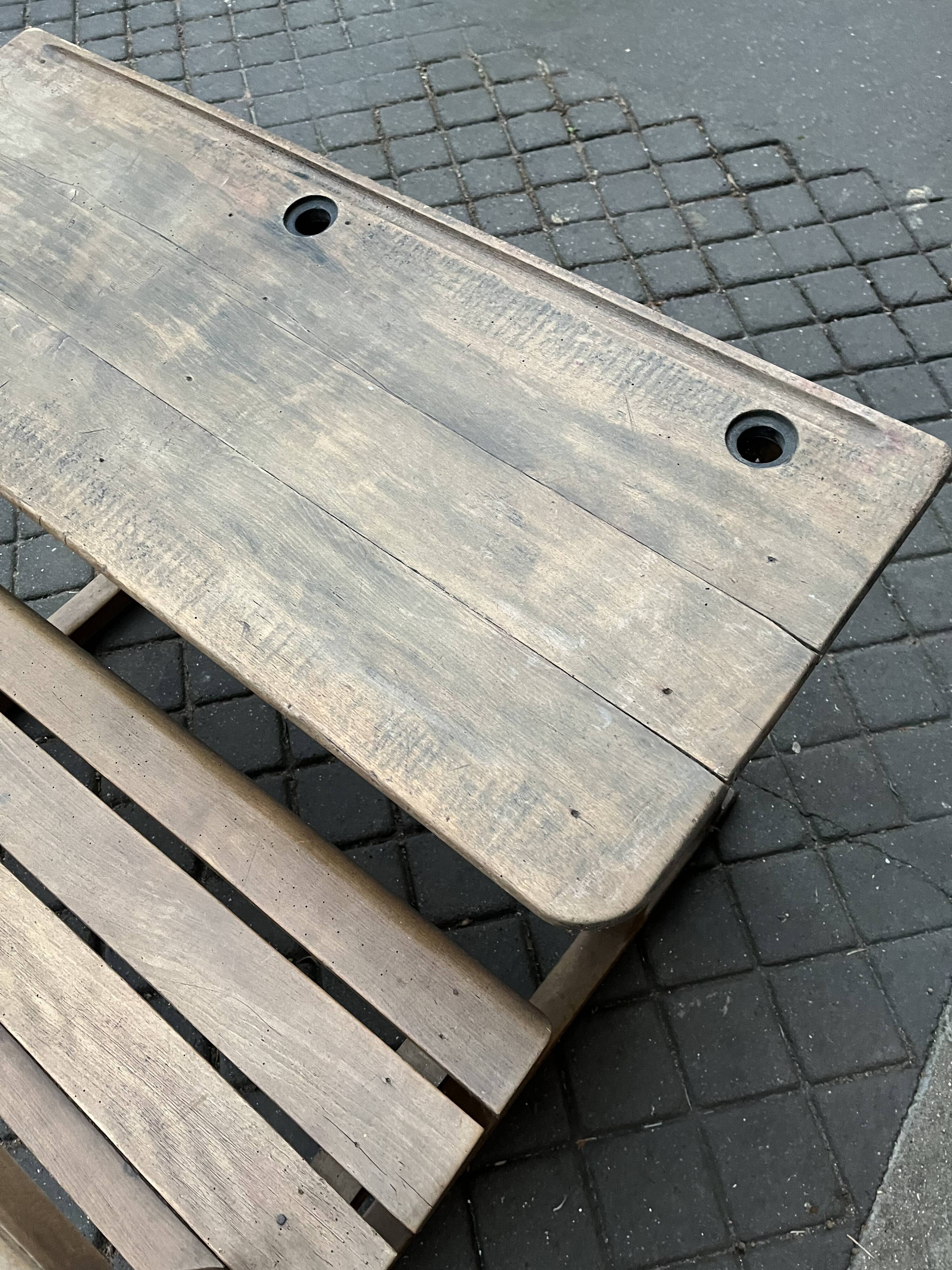 Old double school desk with built-in bench