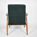 Fauteuil poli d’origine vintage « Fox » conçu par H. Lis années 1970, tissu vert forêt, restauré
