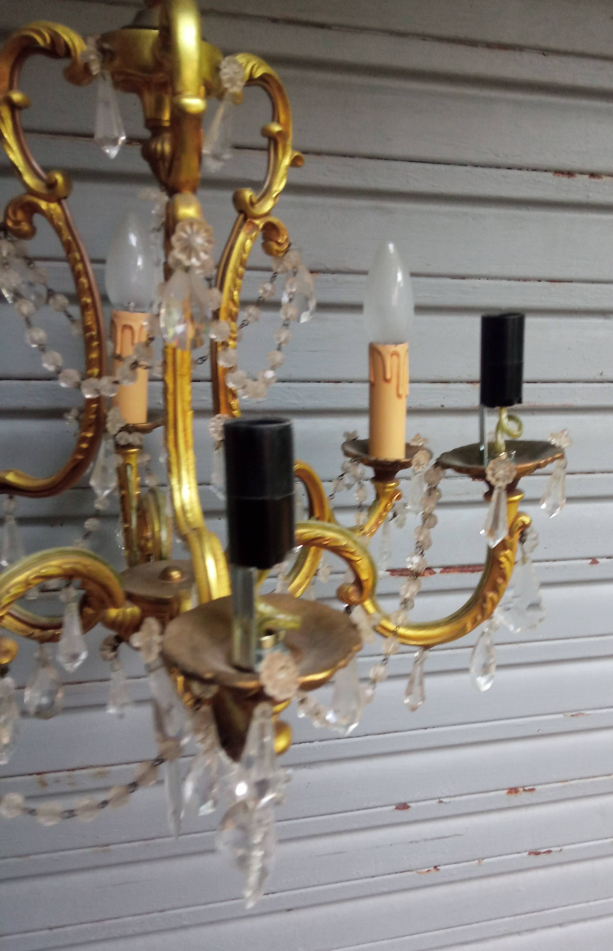 Antique cage chandelier in gilded bronze and crystal, 6 lights / working condition l gau