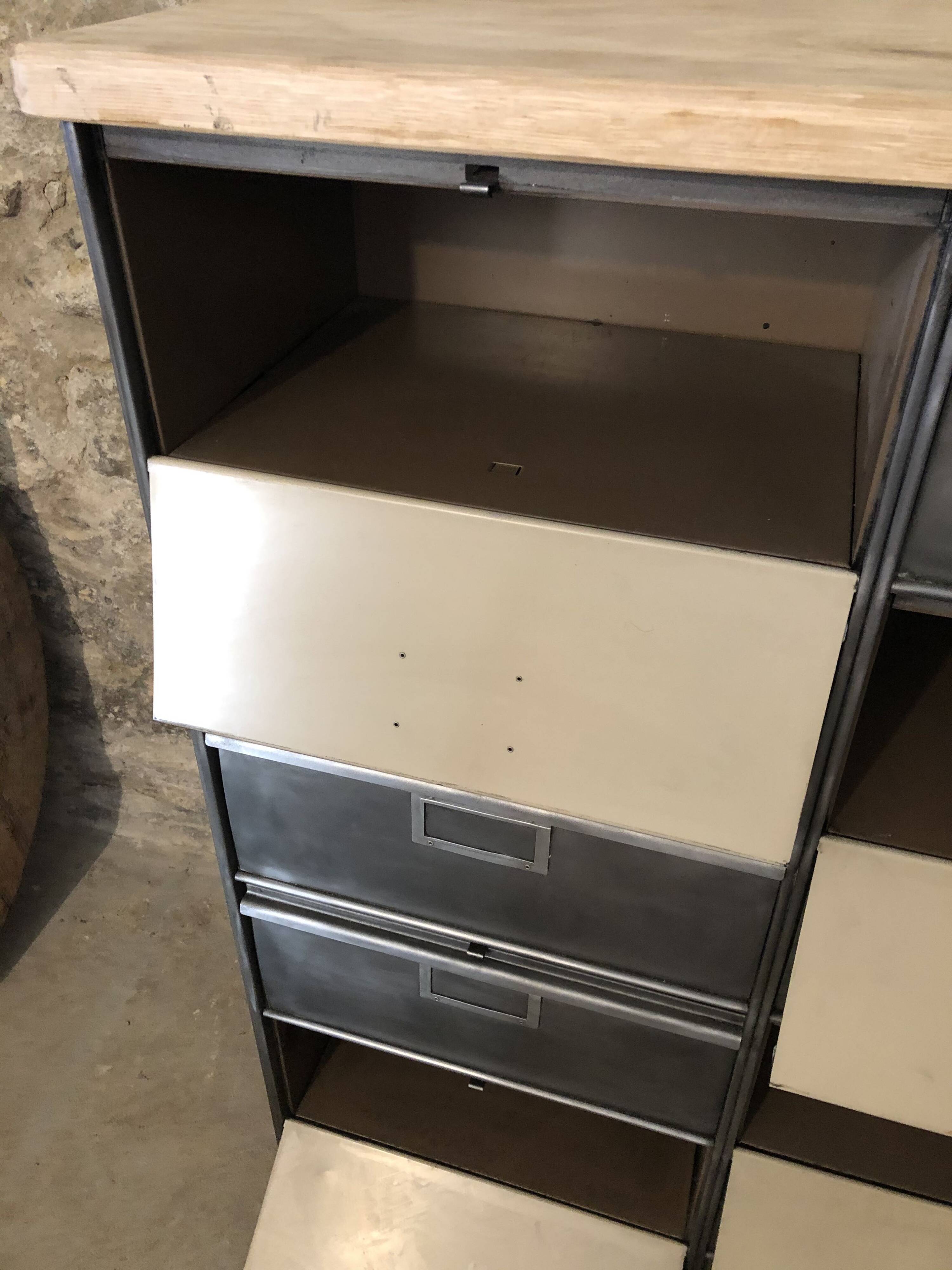 Ronéo furniture with 10 industrial wood and metal flaps