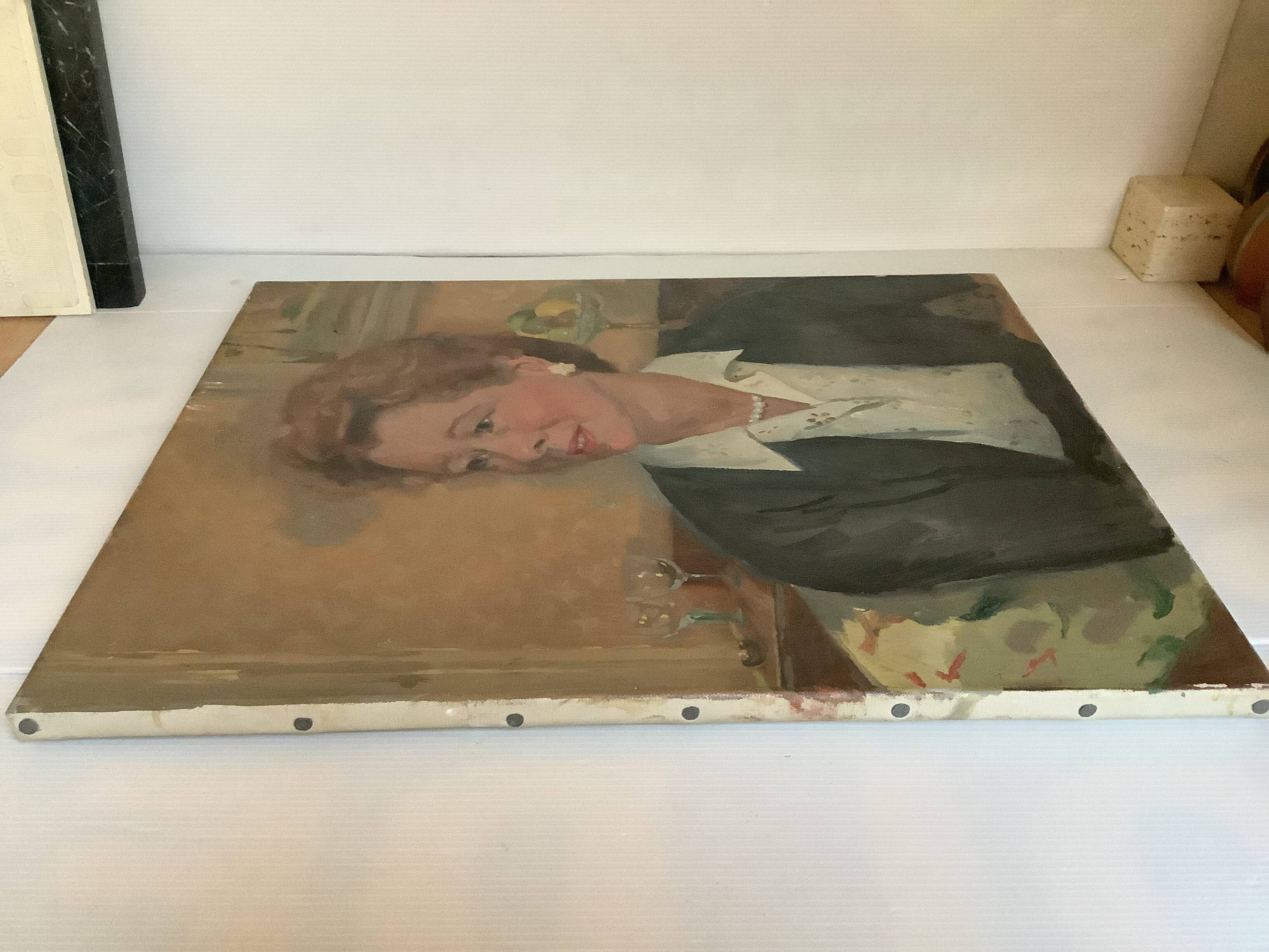 Large portrait painting of a woman, oil on canvas, signed.