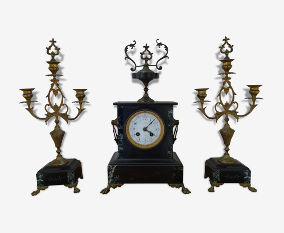 Pendule Napoléon III avec ses deux chandeliers - marbre noir et bronze |  Selency
