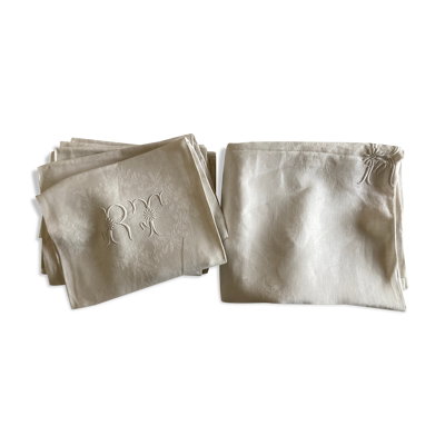 Nappe et 8 serviettes en damas de lin brodées RT vers 1900