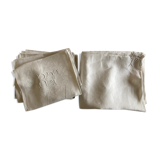 Nappe et 8 serviettes en damas de lin brodées RT vers 1900