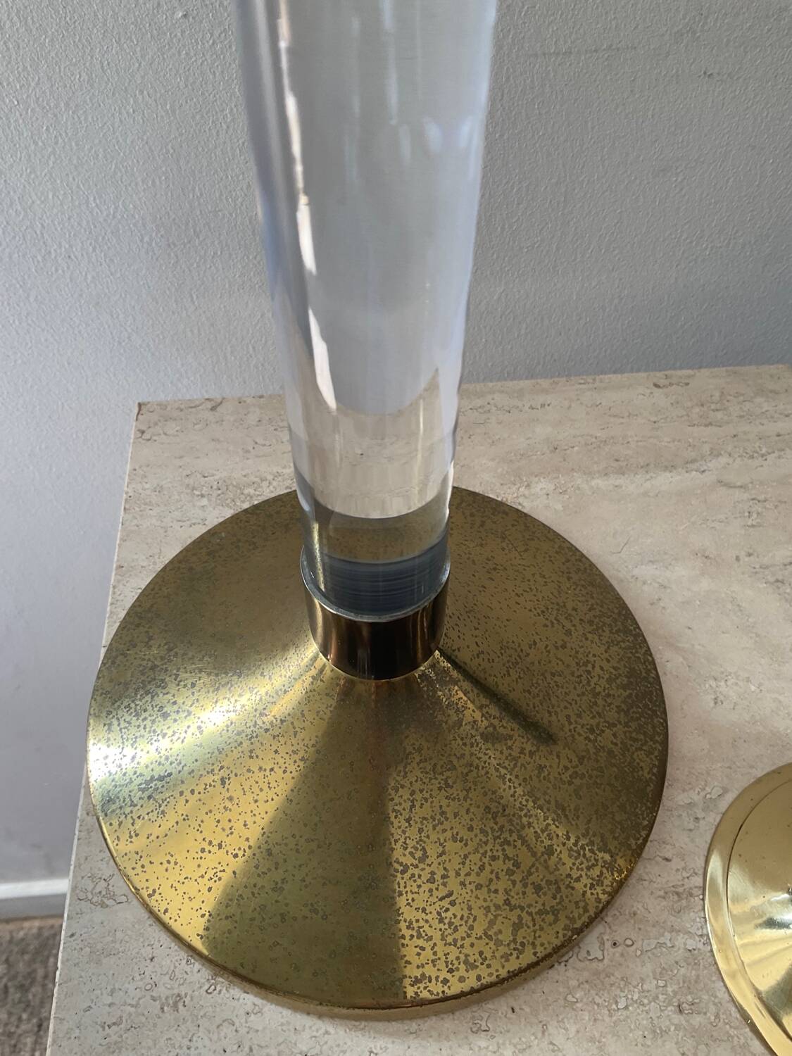 Duo of vintage brass and lucite candlesticks