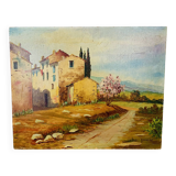 Oil painting on cardboard signed J. Masse village landscape