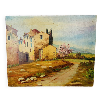 Oil painting on cardboard signed J. Masse village landscape