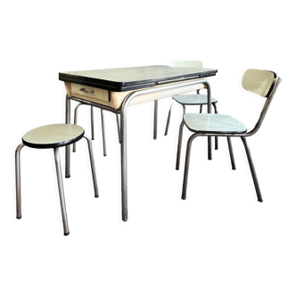 Table a allonges Formica et chrome 2 tabourets 2 chaises