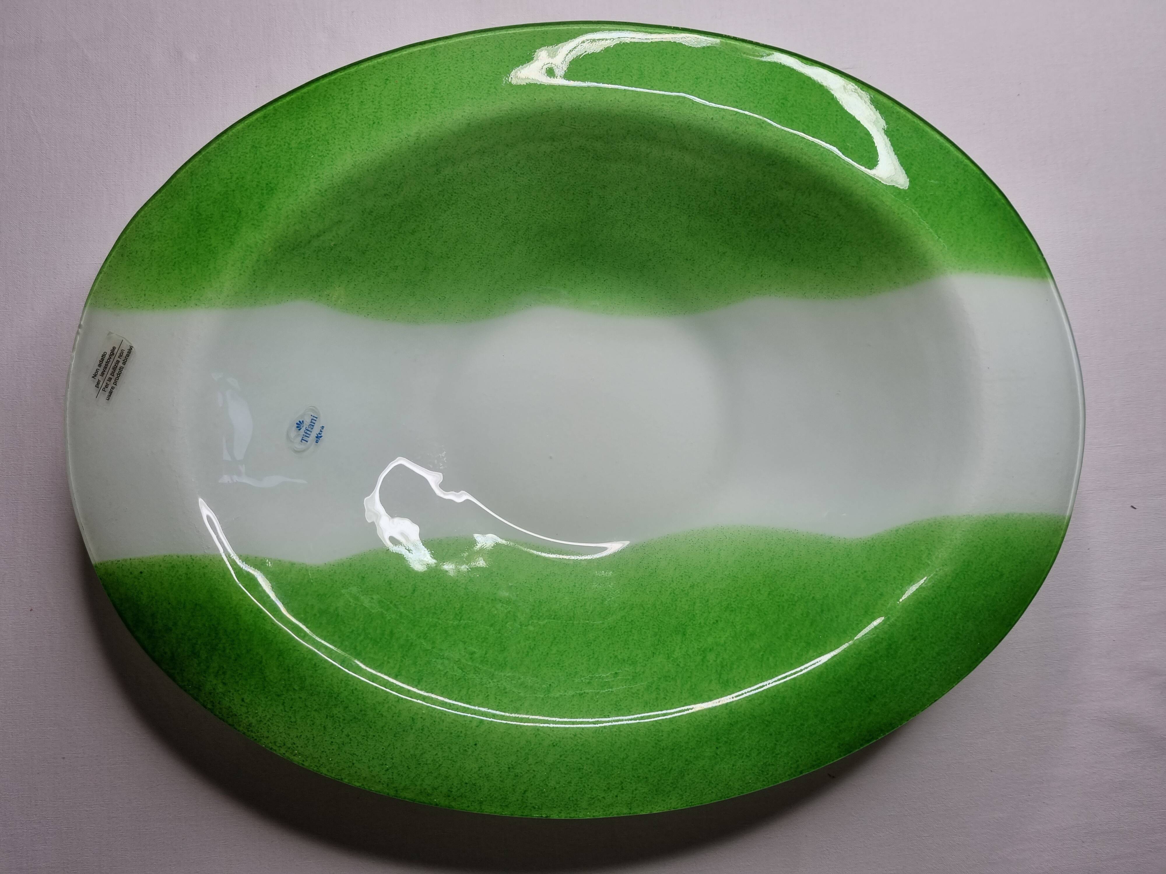 Plat décoratif ovale en pâte de verre, vert prairie et blanc, 45 cm