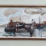 Mid-Century Modern "Out at Sea" Swedish Vintage Coastal Landscape Oil Painting, Framed
