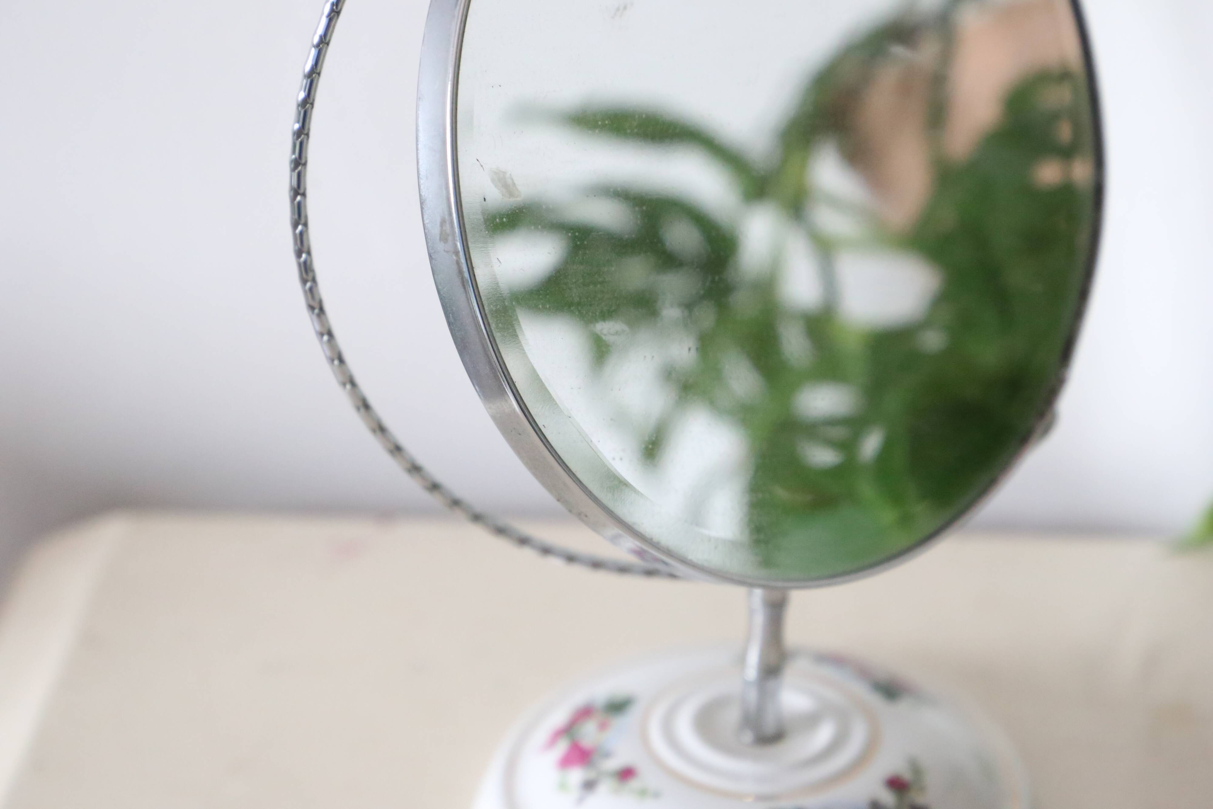Standing mirror, porcelain base, vintage