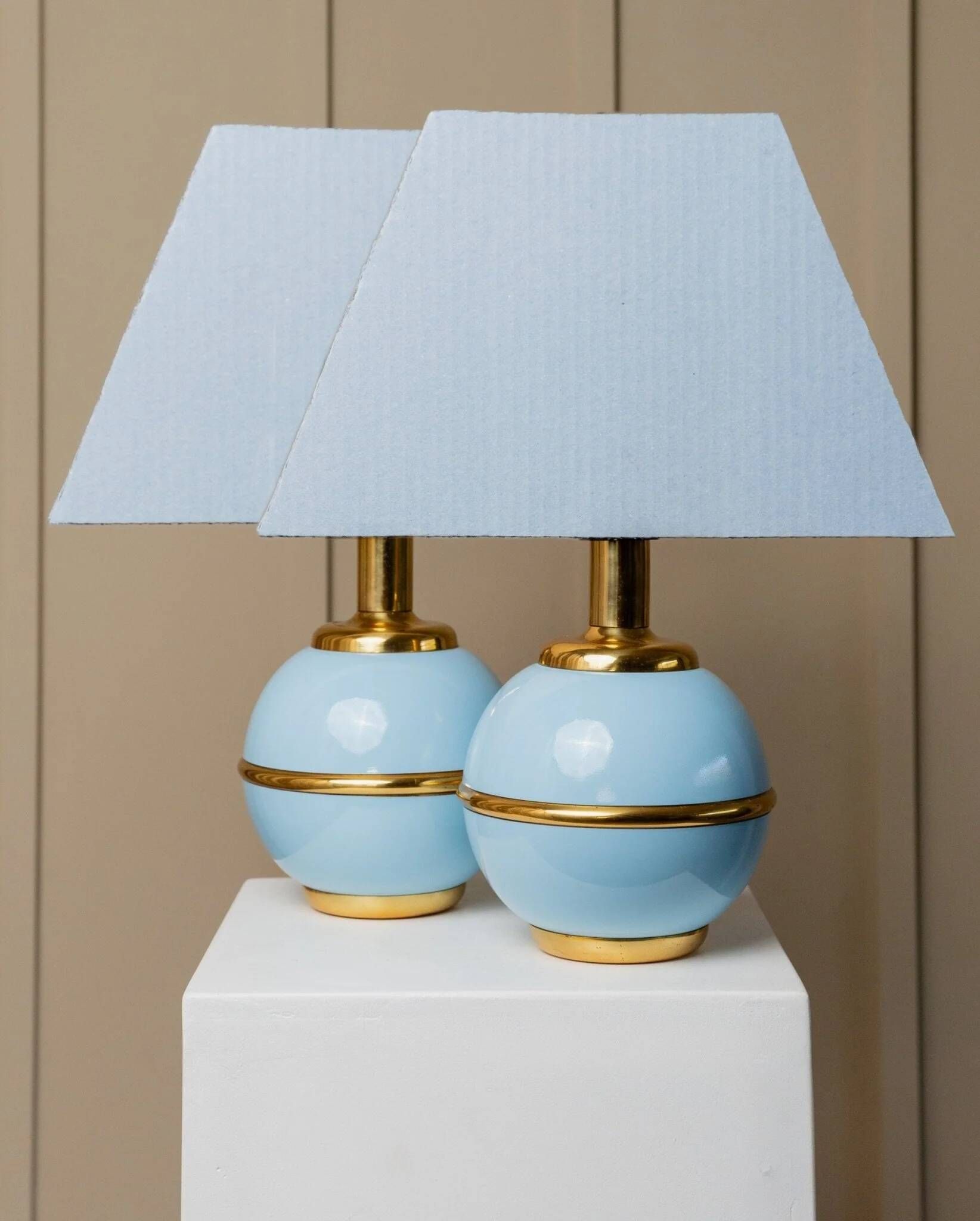 Set of 2 Light-Blue Ceramic Table Lamps with Gold Trim Italy 1980s Hollywood Regency Style