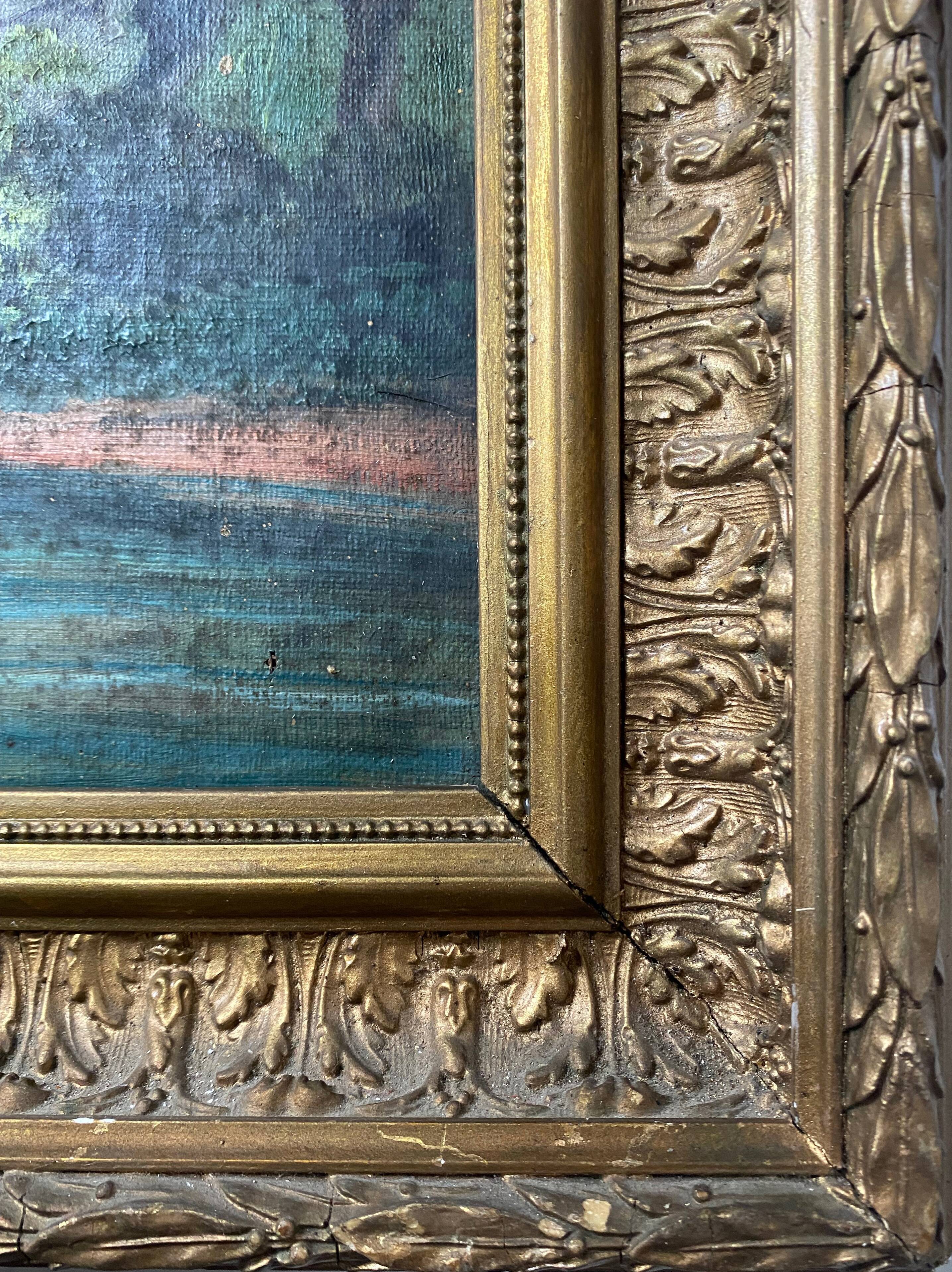 HST painting "Landscape with towns and fishermen" signed Texier + frame XIX°