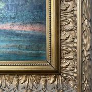 HST painting "Landscape with towns and fishermen" signed Texier + frame XIX°