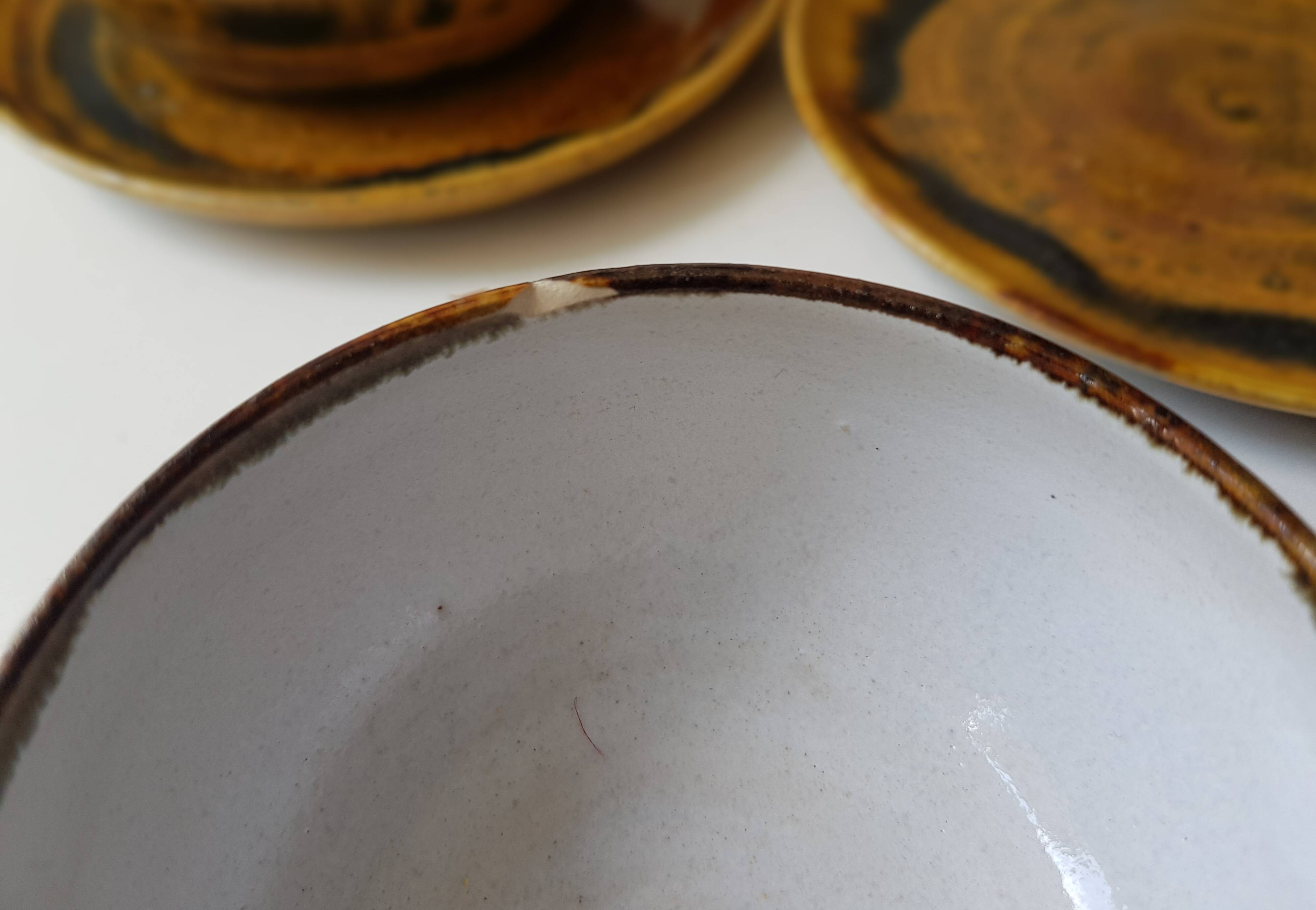 Set of teapot + 5 cups + 6 saucers in ceramic signed CB (Signature to be identified)