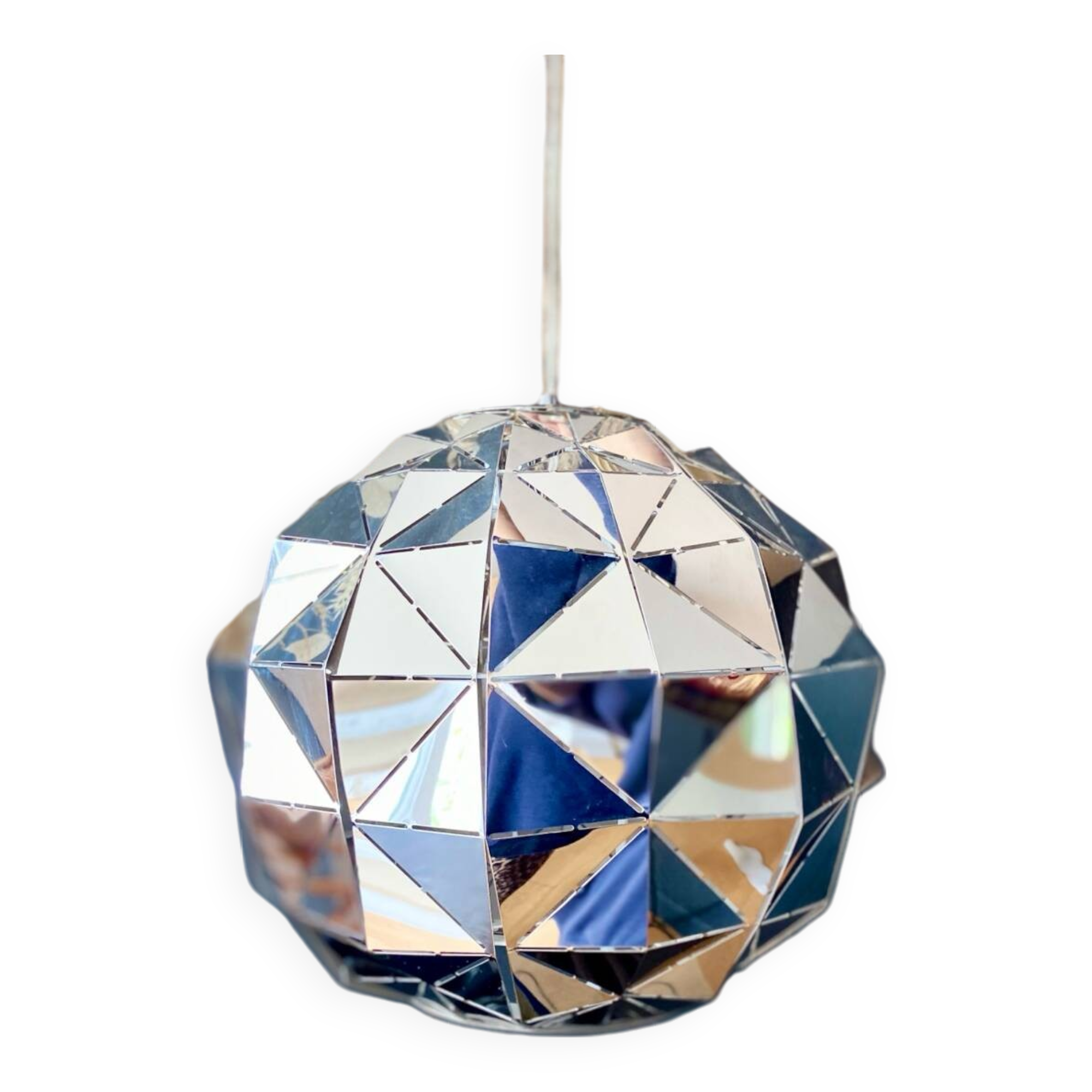 Silver-plated metal faceted ball pendant light - circa 1980