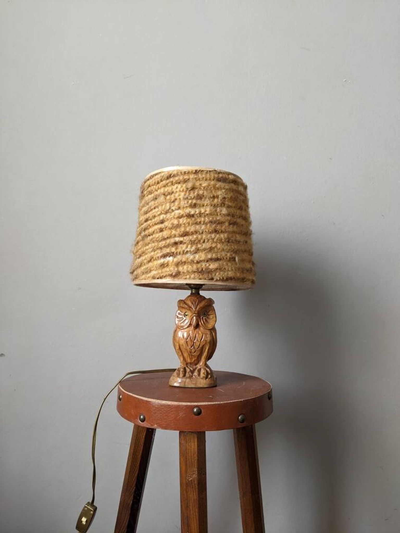 Vintage owl lamp with wool lampshade, handmade