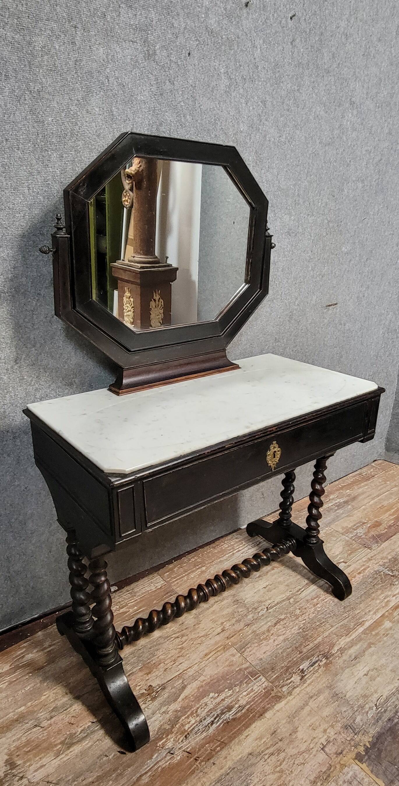 Napoleon III style dressing table in blackened wood, featuring an elegant octagonal mirror