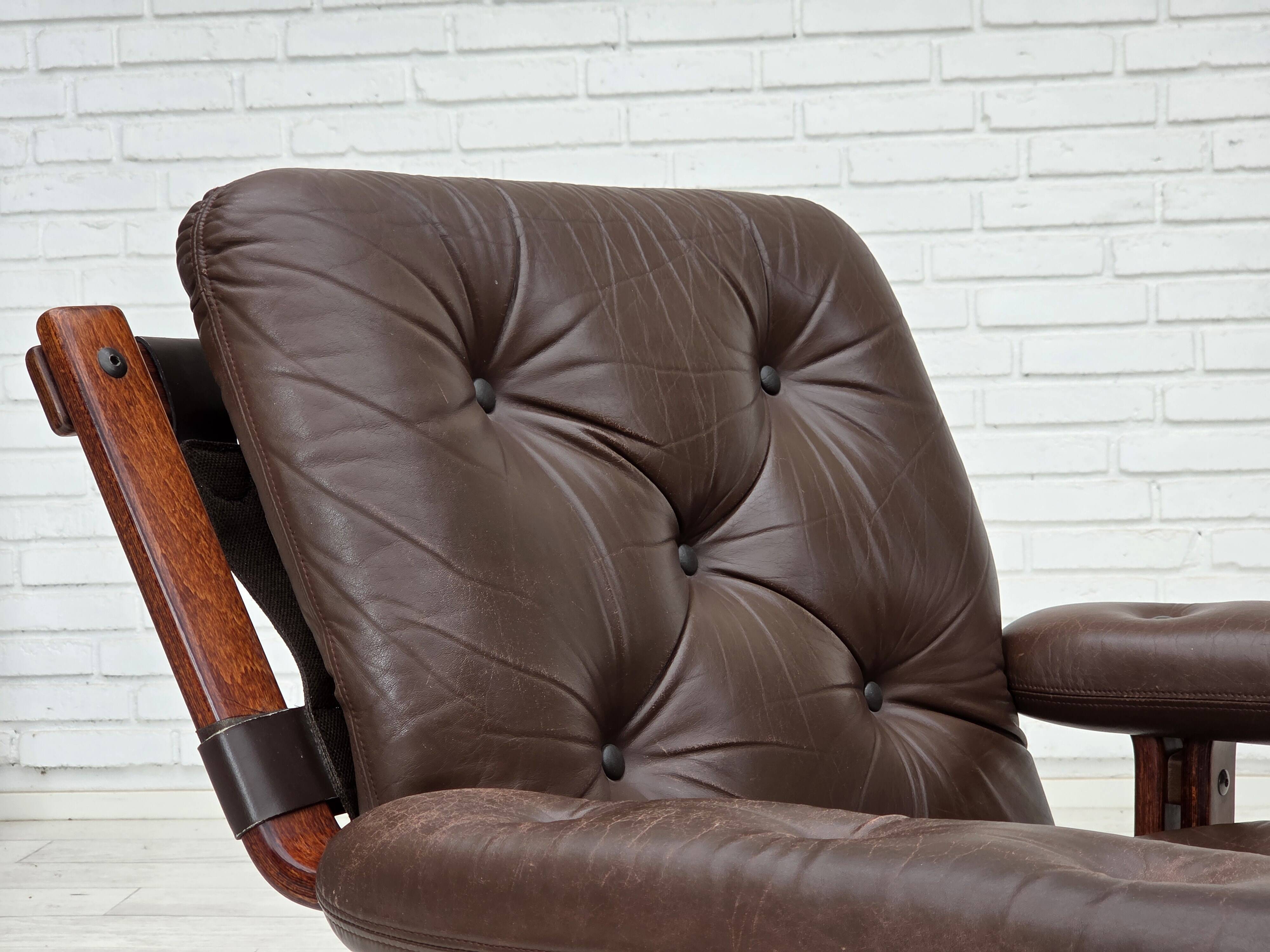 1970s, Norwegian armchair by Jon Hjortdal, furniture leather, bent wood.