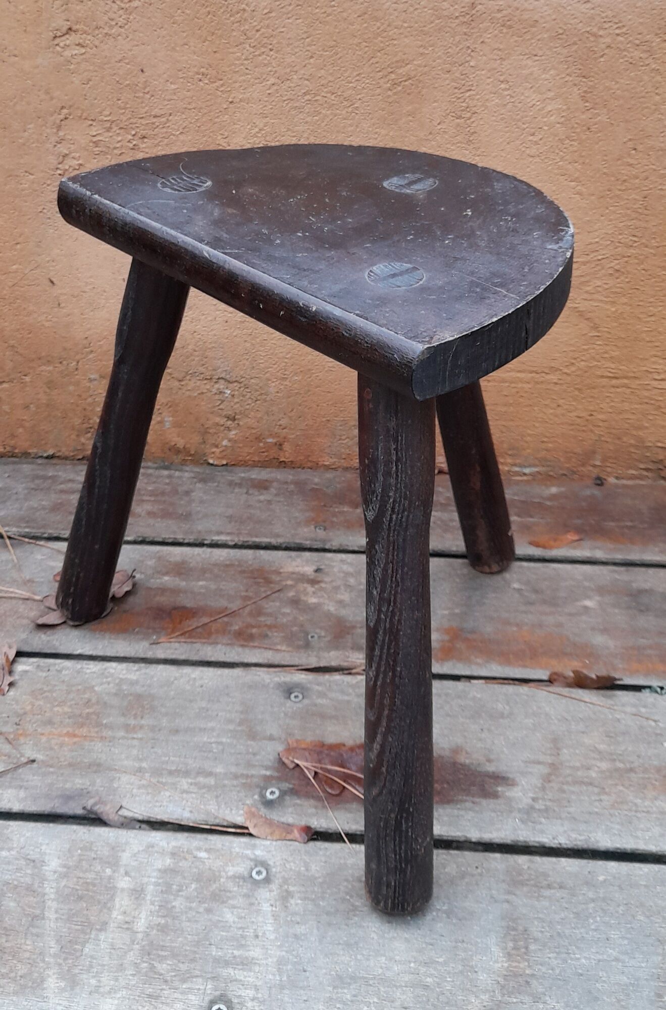 Old farmhouse stool in solid wood, brutalist & authentic, circa 1970's