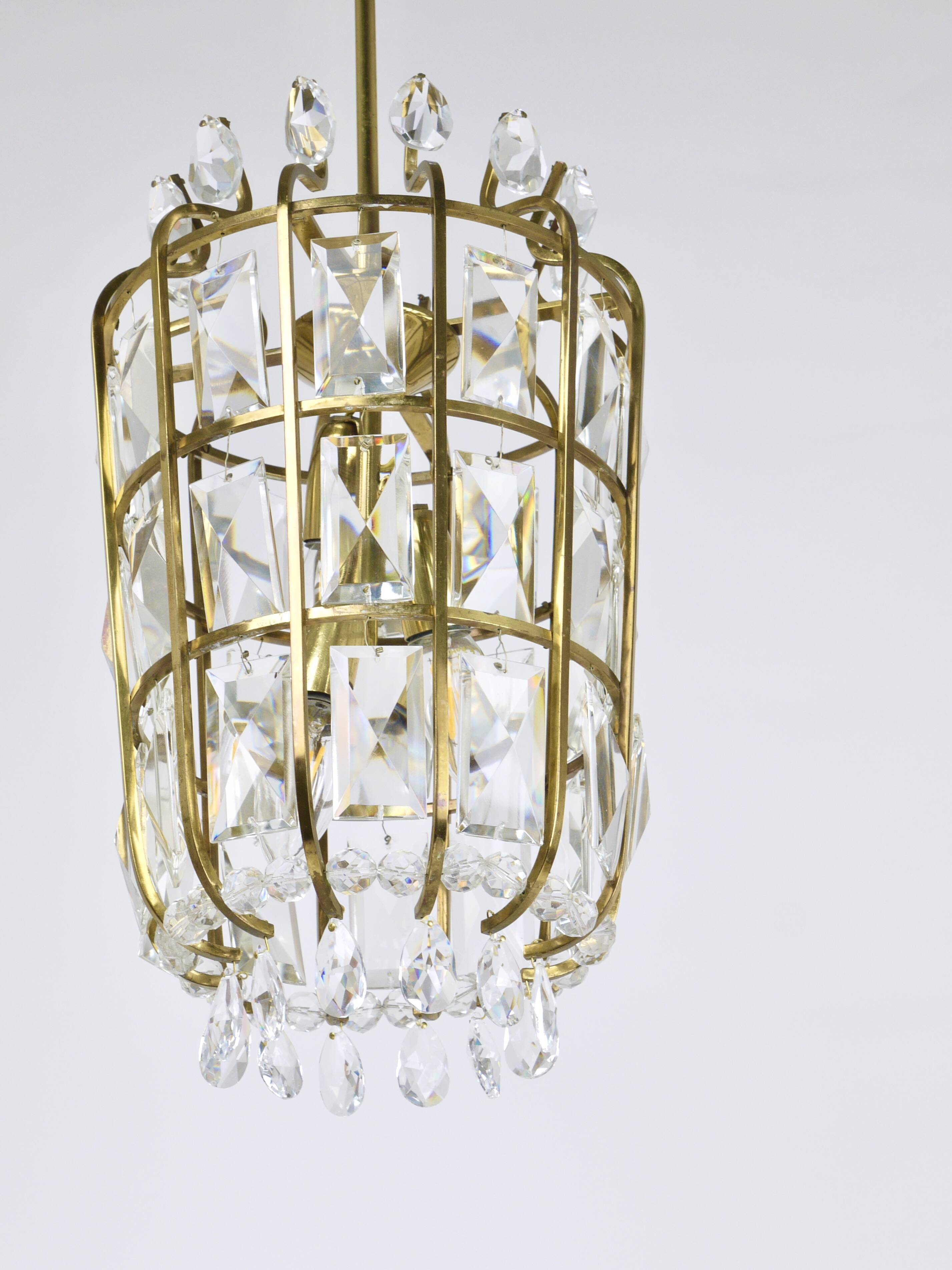 Bakalowits Vienna Brass & Crystal Chandelier Lantern Pendant Lamp, Austria, 1950