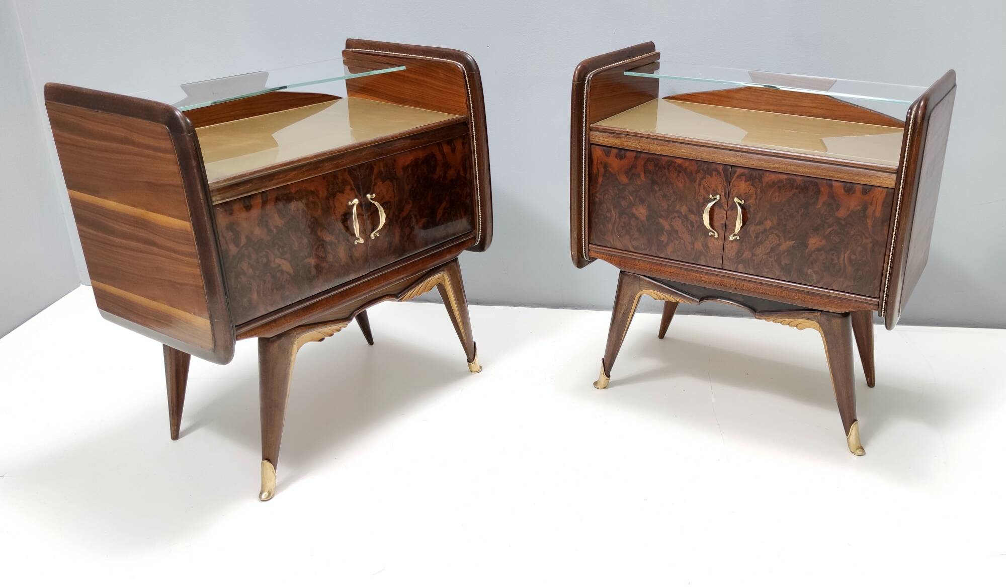 Pair of Walnut Nightstands with Golden Back-Painted Glass Top, Italy