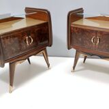 Pair of Walnut Nightstands with Golden Back-Painted Glass Top, Italy