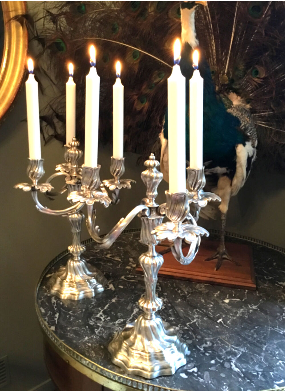 Pair of silver metal candelabras rocaille style XIX