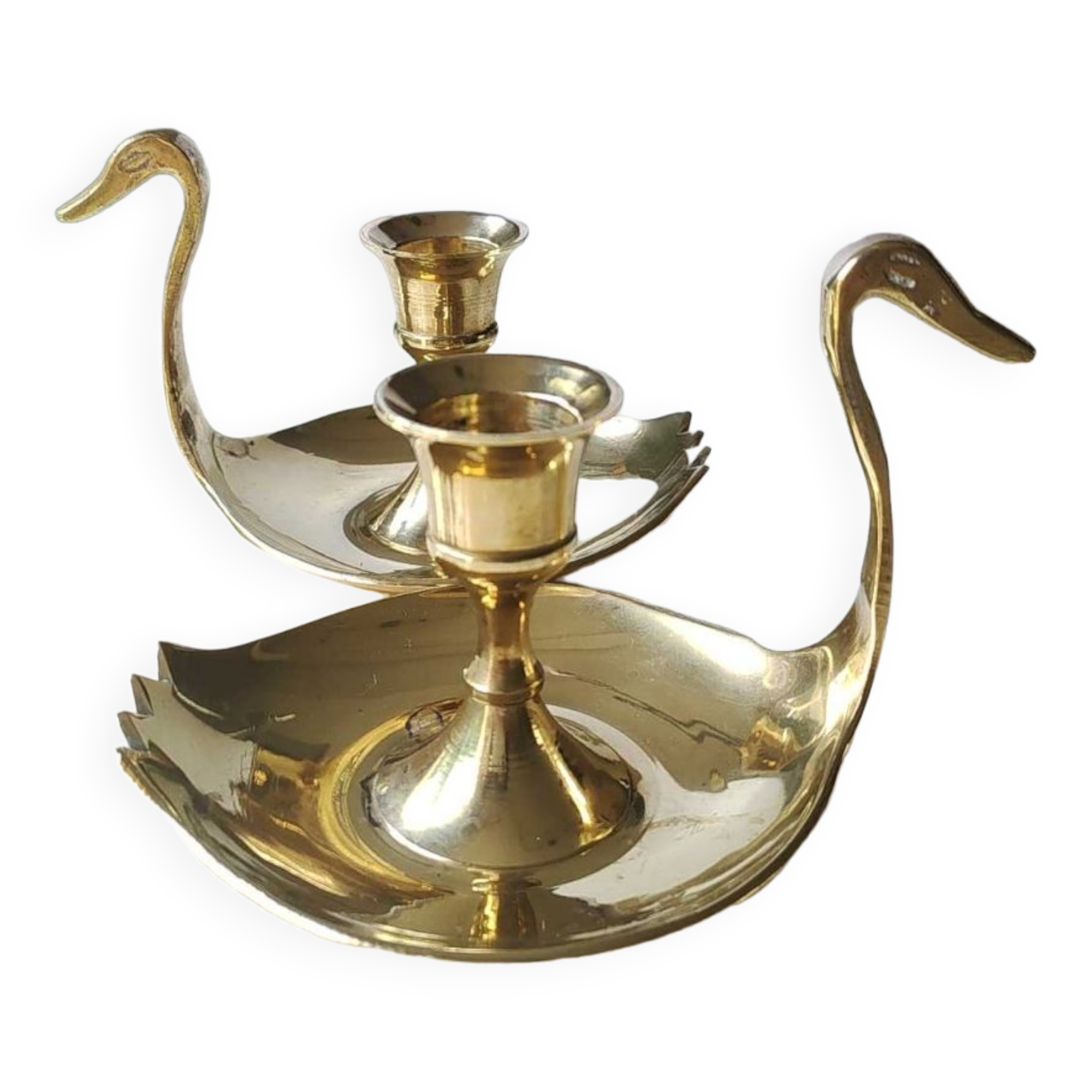 Pair of hand candle holders/Cellar rats shape swans, in polished brass. 1950s